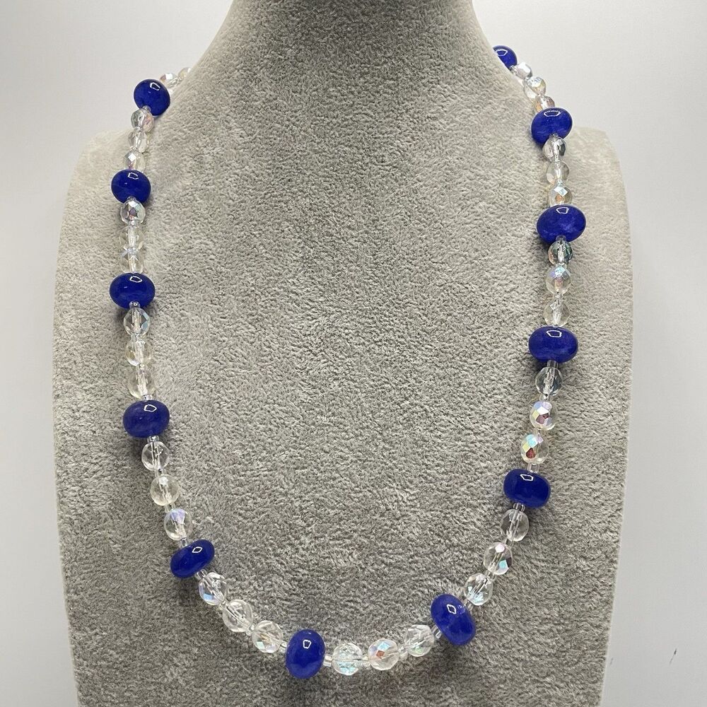 Earthmind Blue India Gemstone White AB Glass Beaded Necklace Statement Boho